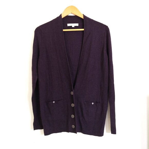 LOFT Sweaters - NWOT LOFT Cotton Wool Blend Button Front Pockets Longline Cardigan Plum Size M